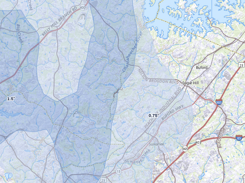 NEXRAD radar-signature map of the hail storm over Suwanee, GA on Jul 28, 2026