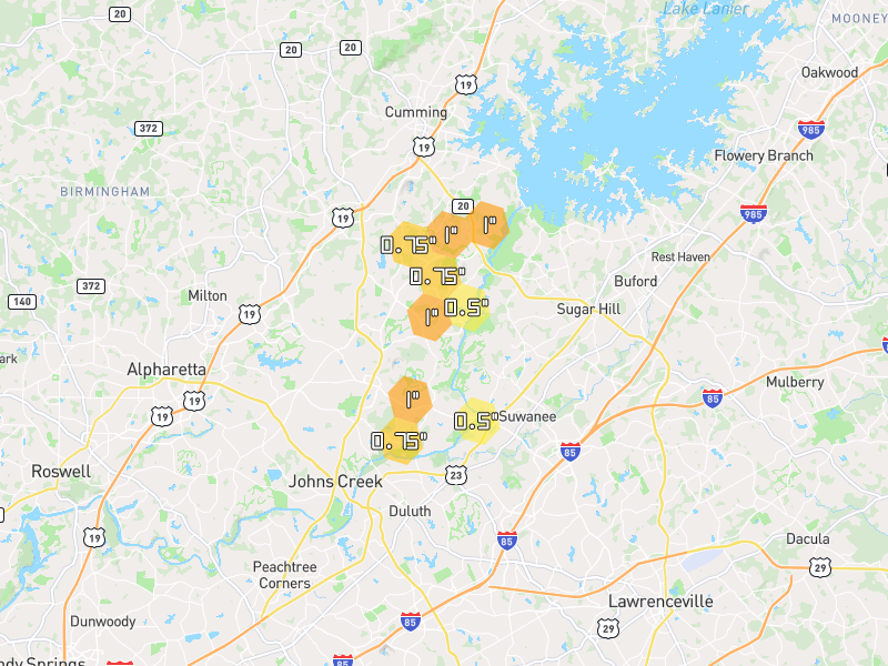 Hail map of Suwanee, GA on Jul 29, 2026, hail up to 1"