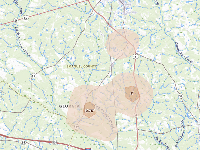 Radar-estimated hail-size map of the storm over Swainsboro, GA on May 17, 2026