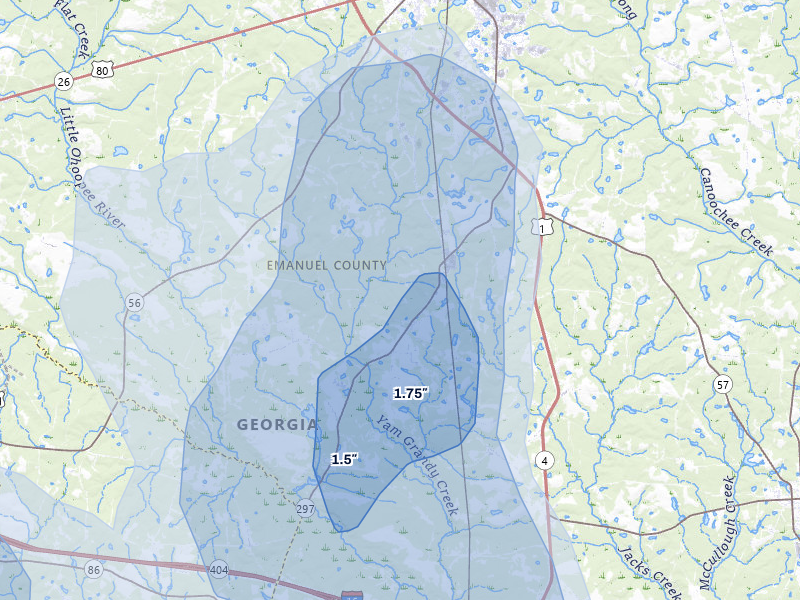 NEXRAD radar-signature map of the hail storm over Swainsboro, GA on May 17, 2026
