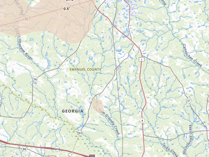 Radar-estimated hail-size map of the storm over Swainsboro, GA on Jul 17, 2026