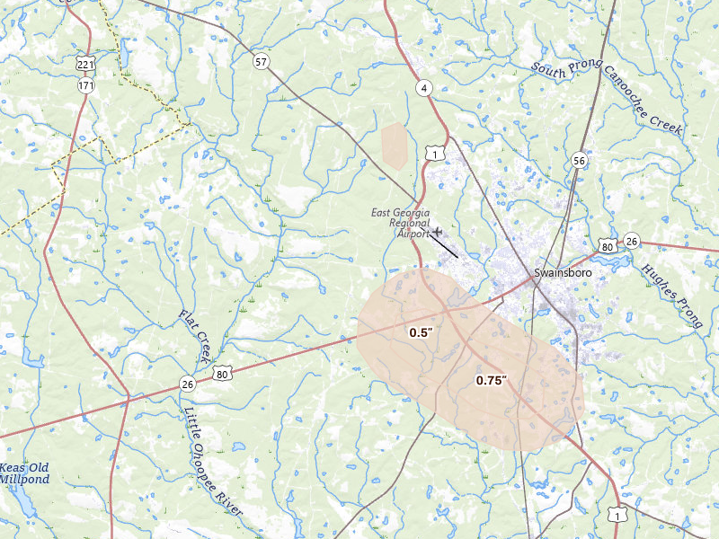 Radar-estimated hail-size map of the storm over Swainsboro, GA on Aug 13, 2026