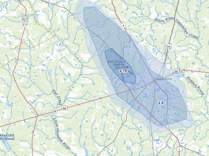 NEXRAD radar-signature map of the hail storm over Swainsboro, GA on Aug 13, 2026