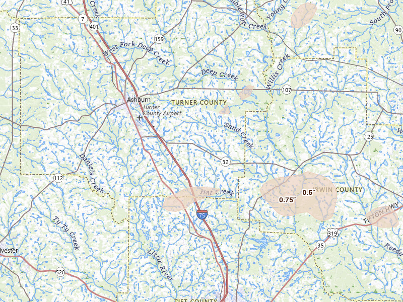 Radar-estimated hail-size map of the storm over Sycamore, GA on Jul 9, 2026