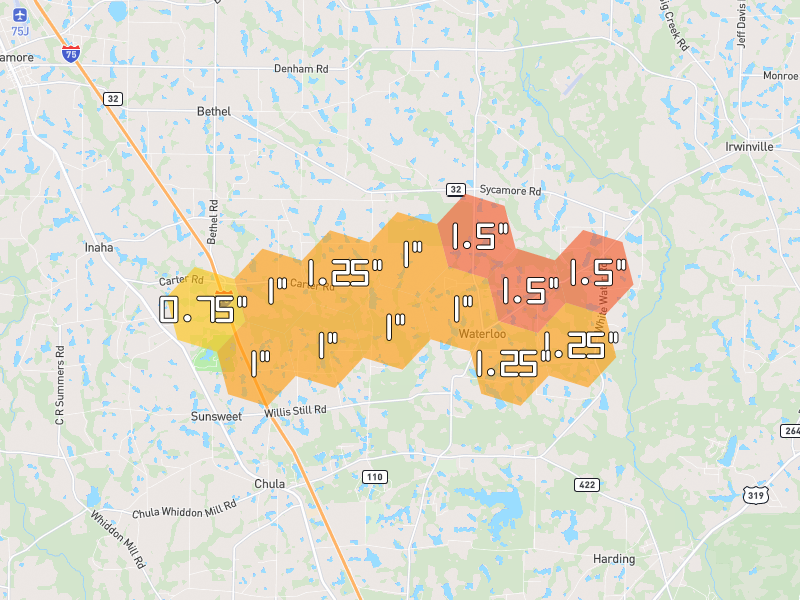 Hail map of Sycamore, GA on Jul 10, 2026, hail up to 1.5"