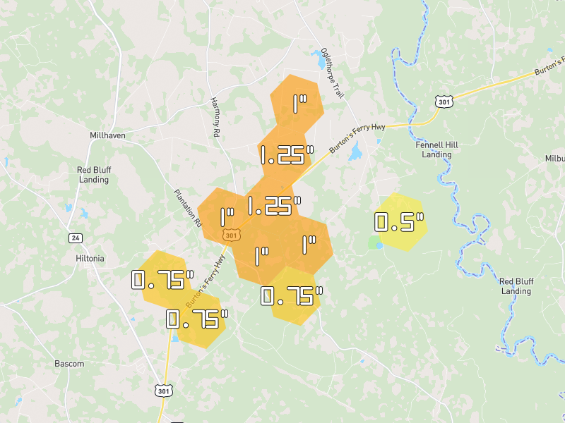 Hail map of Sylvania, GA on Jun 29, 2026, hail up to 1.25"
