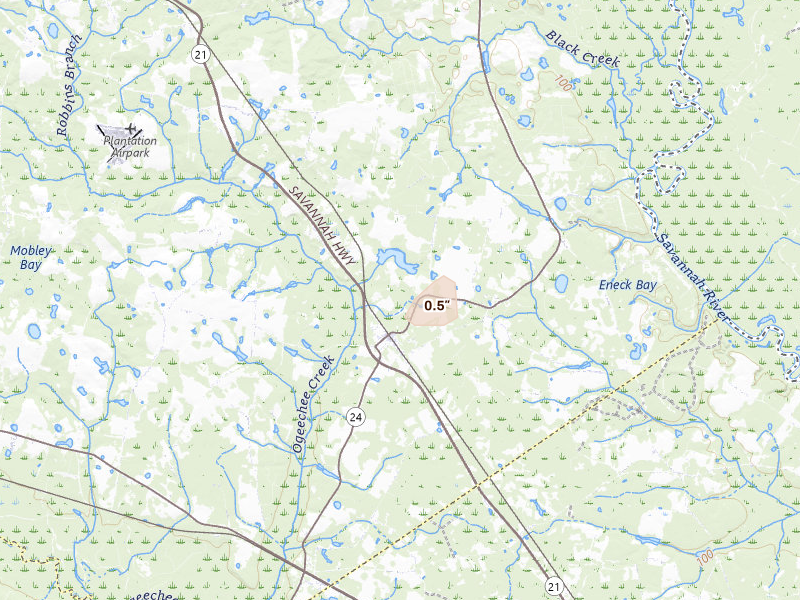 Radar-estimated hail-size map of the storm over Sylvania, GA on Aug 1, 2026