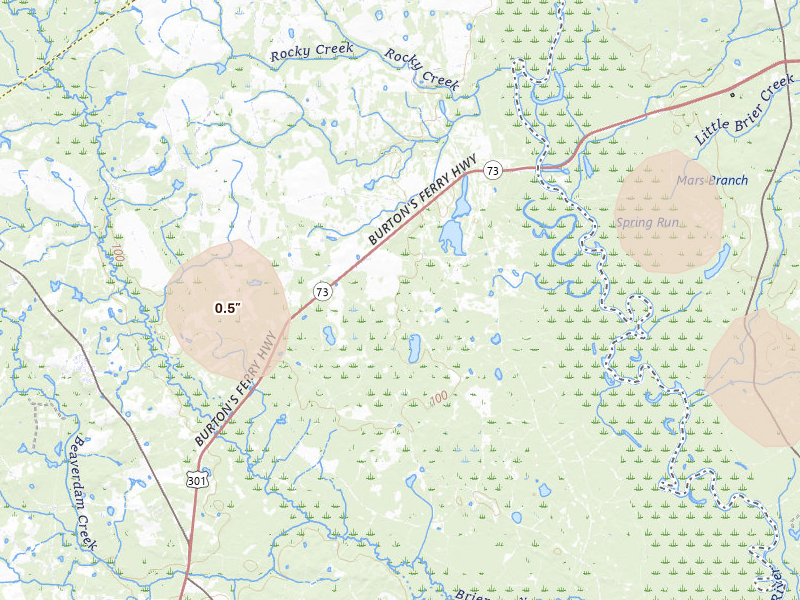 Radar-estimated hail-size map of the storm over Sylvania, GA on Aug 20, 2026