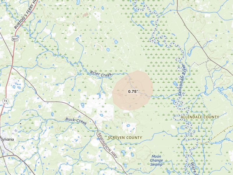 Radar-estimated hail-size map of the storm over Sylvania, GA on Aug 21, 2026