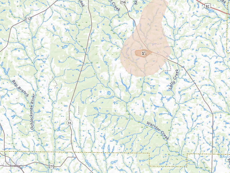 Radar-estimated hail-size map of the storm over Sylvester, GA on May 17, 2026