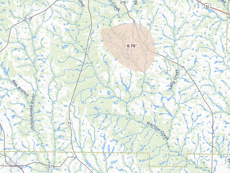 Radar-estimated hail-size map of the storm over Sylvester, GA on Jul 27, 2026