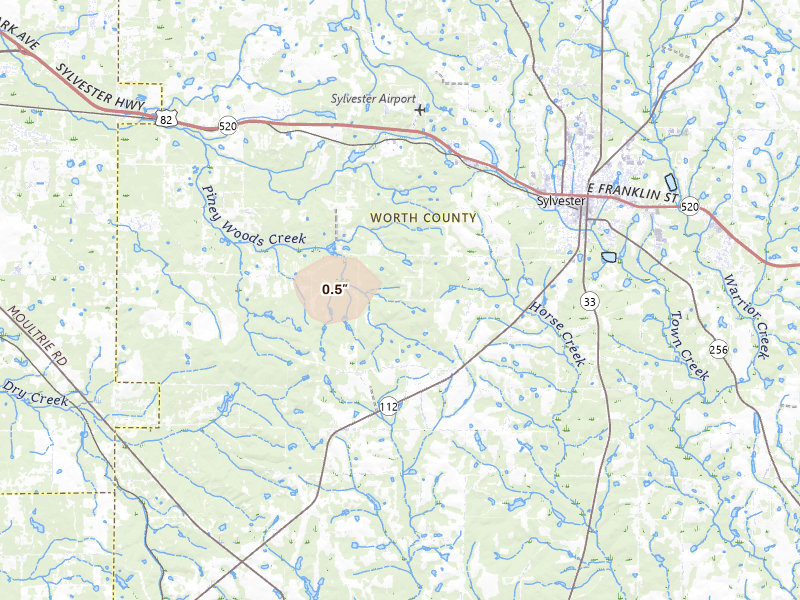 Radar-estimated hail-size map of the storm over Sylvester, GA on Aug 14, 2026