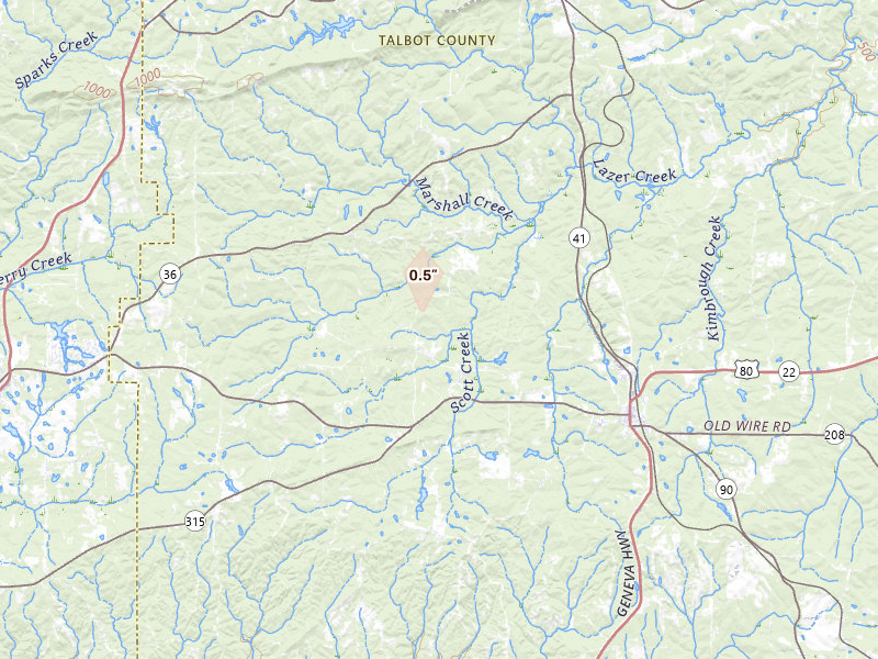 Radar-estimated hail-size map of the storm over Talbotton, GA on Aug 14, 2026