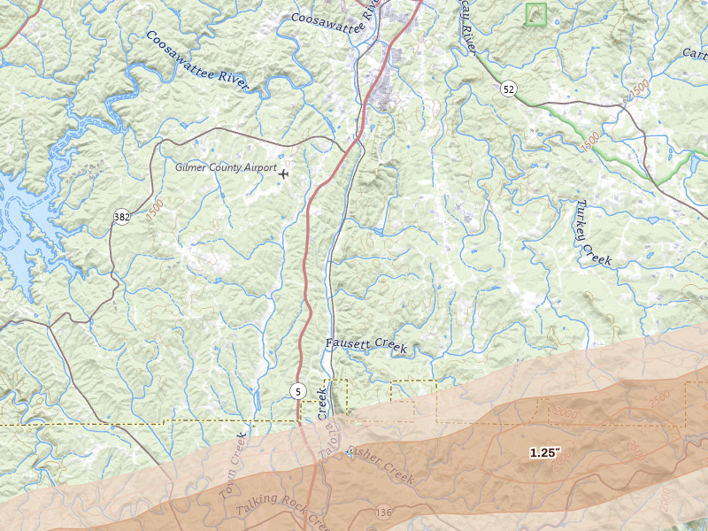 Radar-estimated hail-size map of the storm over Talking Rock, GA on Feb 26, 2026