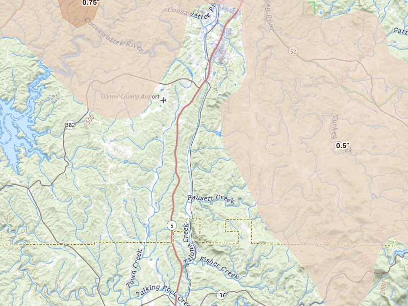 Radar-estimated hail-size map of the storm over Talking Rock, GA on Jul 28, 2026