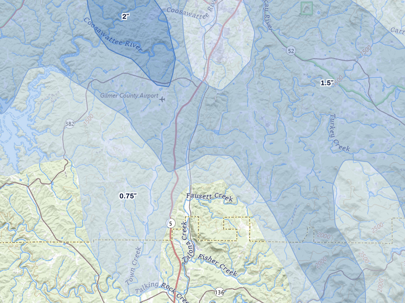 NEXRAD radar-signature map of the hail storm over Talking Rock, GA on Jul 28, 2026
