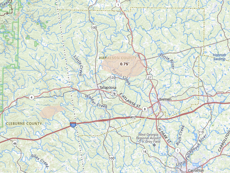 Radar-estimated hail-size map of the storm over Tallapoosa, GA on Jul 1, 2026