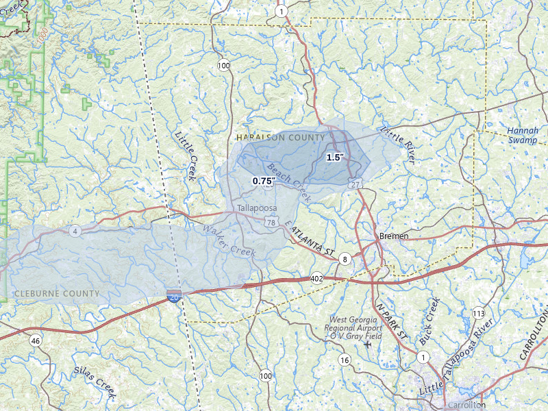 NEXRAD radar-signature map of the hail over Tallapoosa, GA