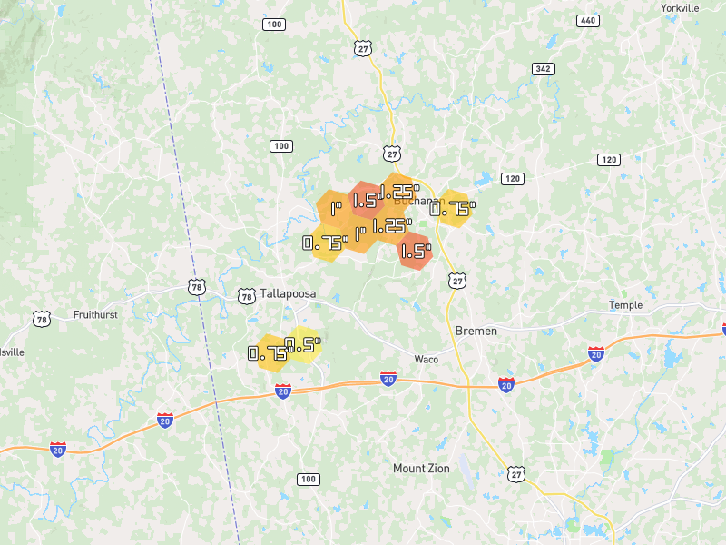 Hail map of Tallapoosa, GA on Jul 1, 2026, hail up to 1.5"