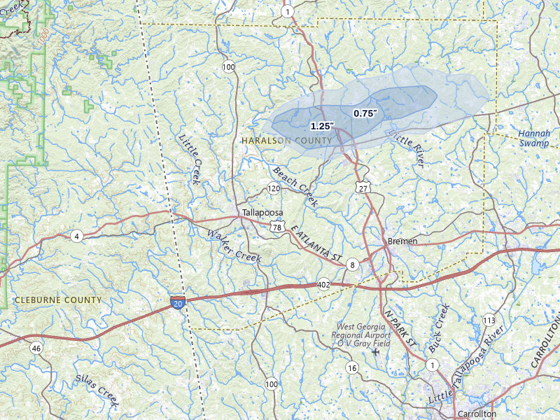 NEXRAD radar-signature map of the hail storm over Tallapoosa, GA on Jul 9, 2026
