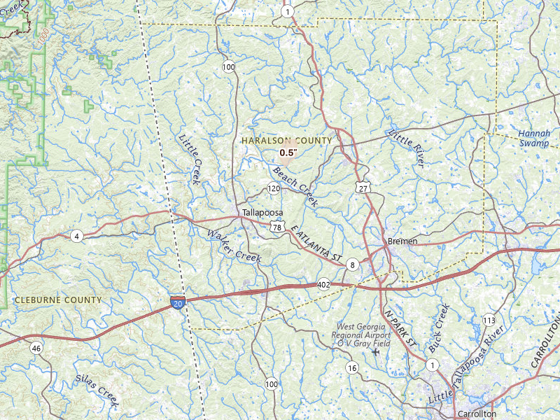 Radar-estimated hail-size map of the storm over Tallapoosa, GA on Jul 17, 2026