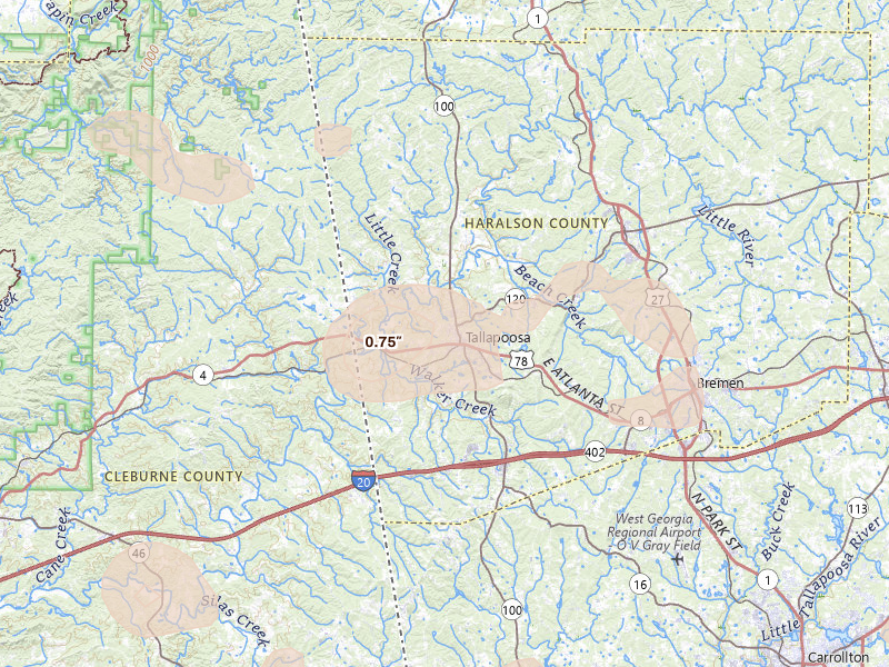 Radar-estimated hail-size map of the storm over Tallapoosa, GA on Aug 11, 2026