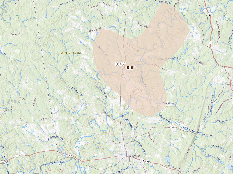 Radar-estimated hail-size map of the storm over Tallapoosa, GA