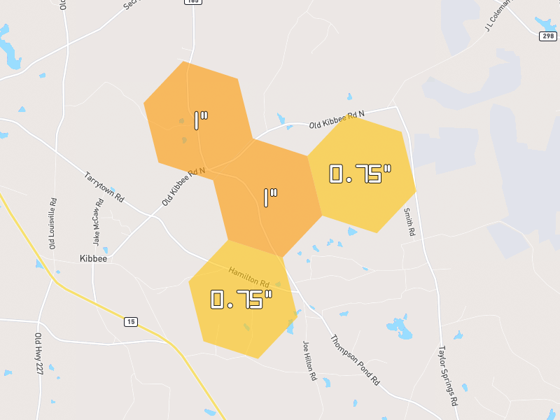 Hail map of Tarrytown, GA on Jul 5, 2026, hail up to 1"