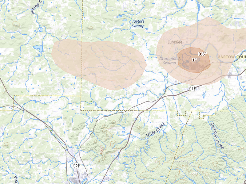 Radar-estimated hail-size map of the storm over Taylorsville, GA on Jul 3, 2026