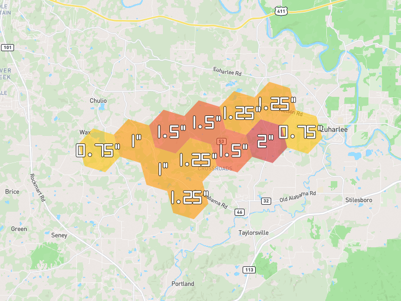 Hail map of Taylorsville, GA on Jul 3, 2026, hail up to 2"