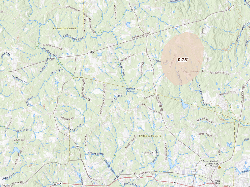 Radar-estimated hail-size map of the storm over Temple, GA