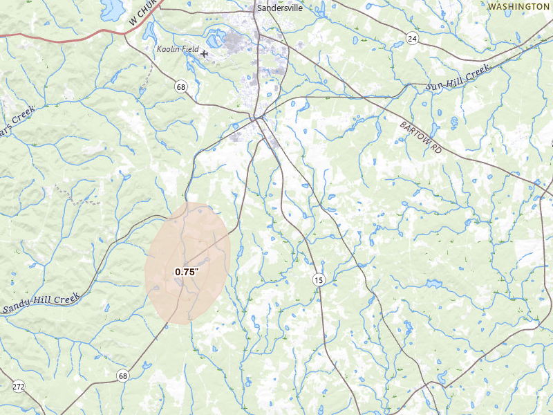 Radar-estimated hail-size map of the storm over Tennille, GA on May 22, 2026