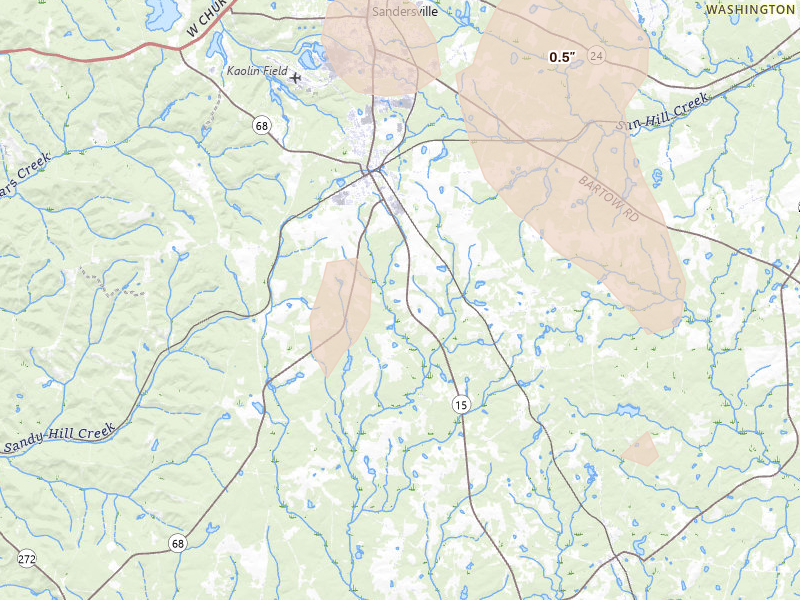 Radar-estimated hail-size map of the storm over Tennille, GA on Jul 17, 2026