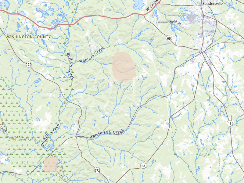 Radar-estimated hail-size map of the storm over Tennille, GA on Aug 13, 2026
