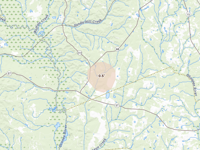 Radar-estimated hail-size map of the storm over Tennille, GA on Aug 21, 2026