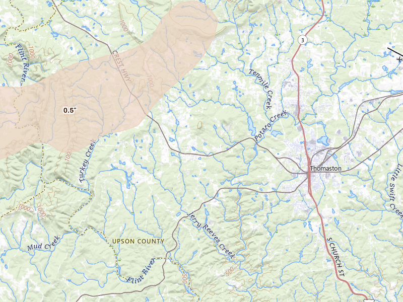 Radar-estimated hail-size map of the storm over Thomaston, GA on Mar 15, 2026