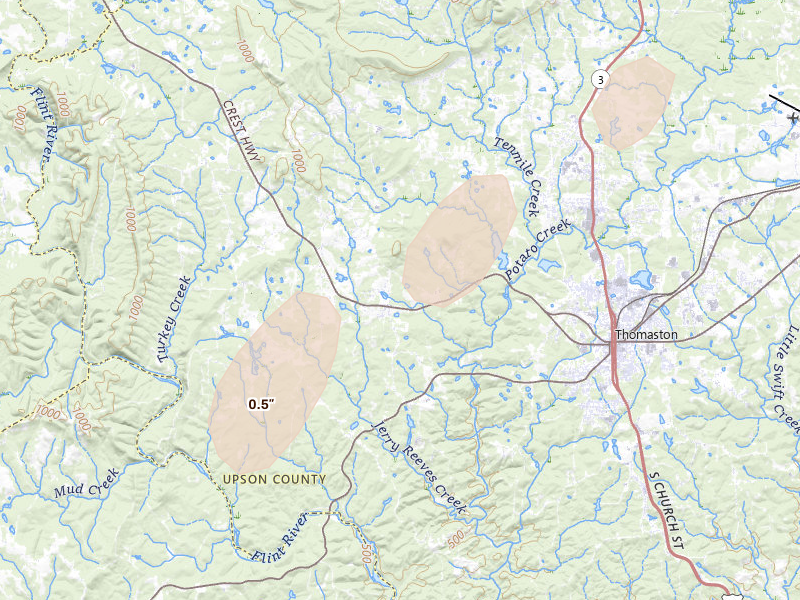 Radar-estimated hail-size map of the storm over Thomaston, GA on May 24, 2026