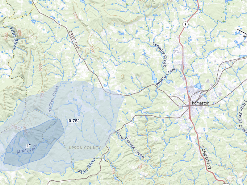 NEXRAD radar-signature map of the hail storm over Thomaston, GA on Jul 9, 2026