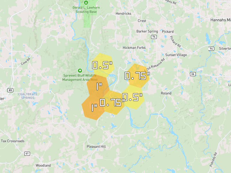 Hail map of Thomaston, GA on Jul 9, 2026, hail up to 1"