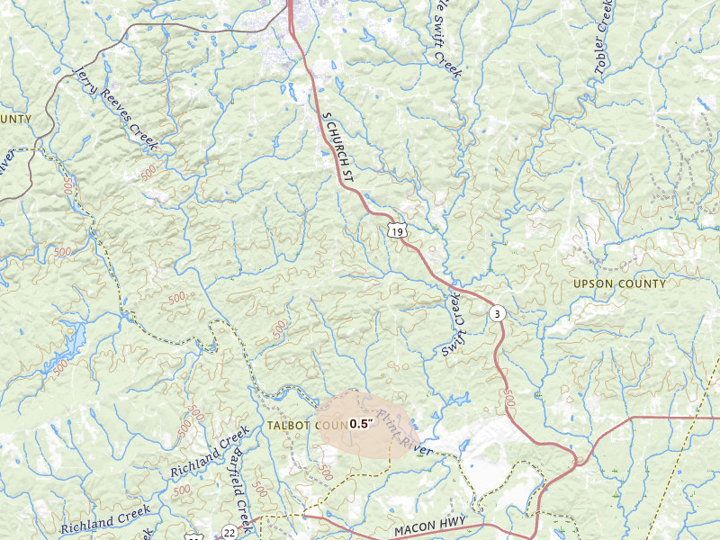 Radar-estimated hail-size map of the storm over Thomaston, GA on Aug 11, 2026