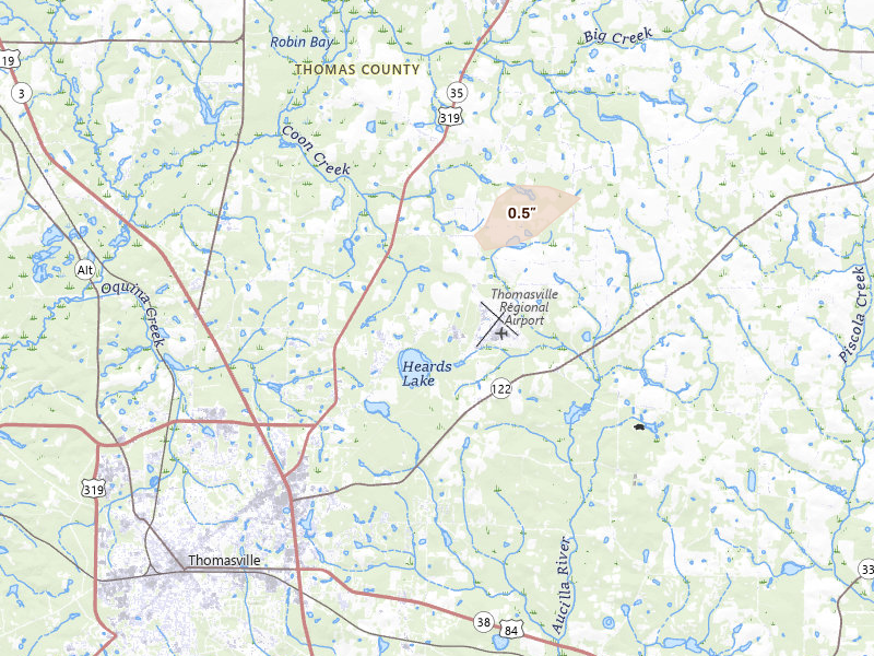 Radar-estimated hail-size map of the storm over Thomasville, GA on Jun 30, 2026