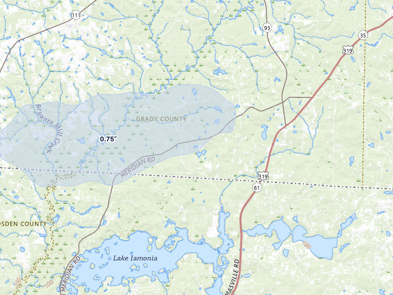 NEXRAD radar-signature map of the hail storm over Thomasville, GA on Jul 8, 2026