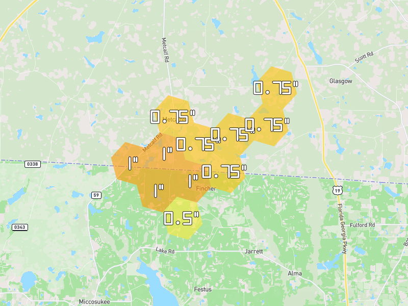 Hail map of Thomasville, GA on Jul 10, 2026, hail up to 1"