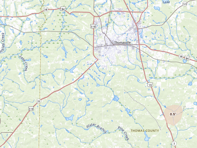 Radar-estimated hail-size map of the storm over Thomasville, GA on Jul 17, 2026