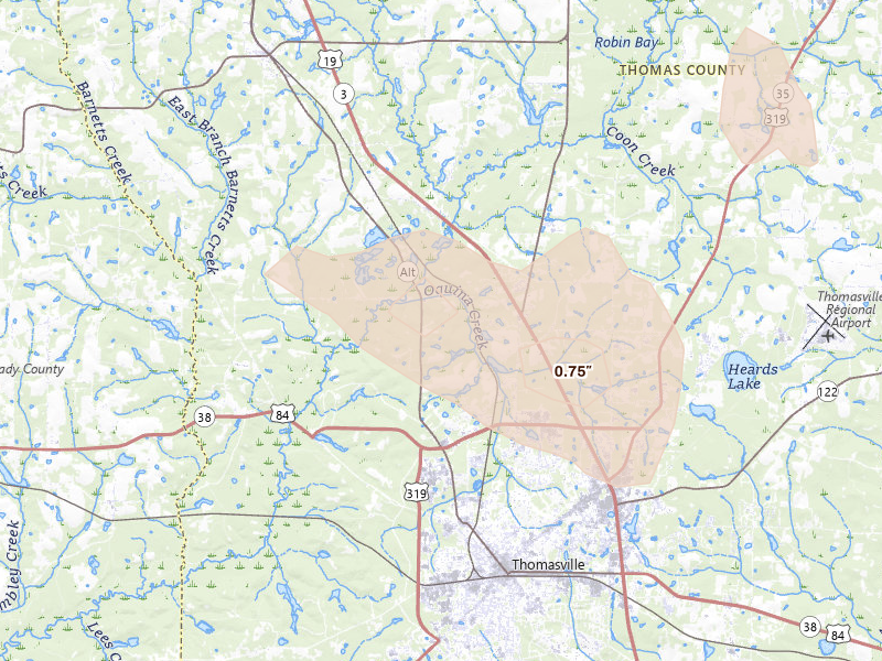 Radar-estimated hail-size map of the storm over Thomasville, GA on Aug 12, 2026