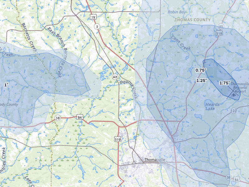 NEXRAD radar-signature map of the hail storm over Thomasville, GA on Aug 12, 2026