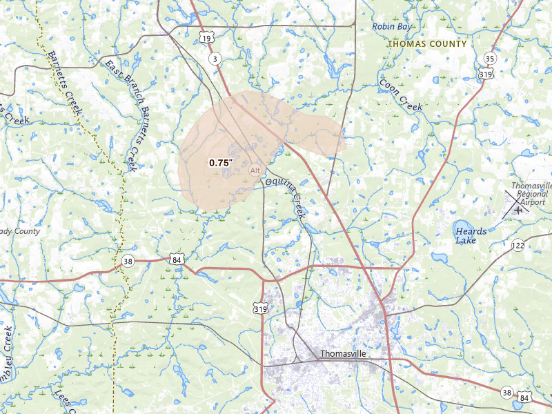 Radar-estimated hail-size map of the storm over Thomasville, GA on Aug 14, 2026