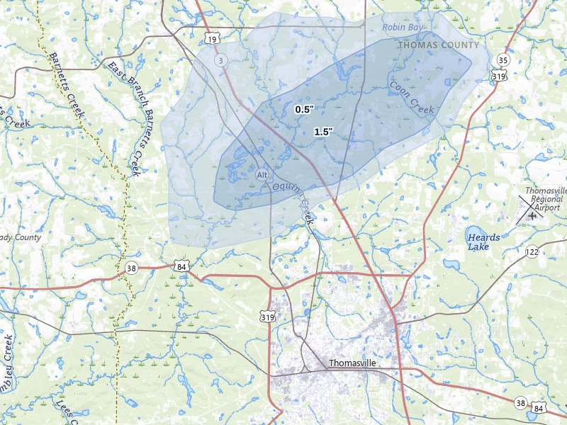 NEXRAD radar-signature map of the hail storm over Thomasville, GA on Aug 14, 2026