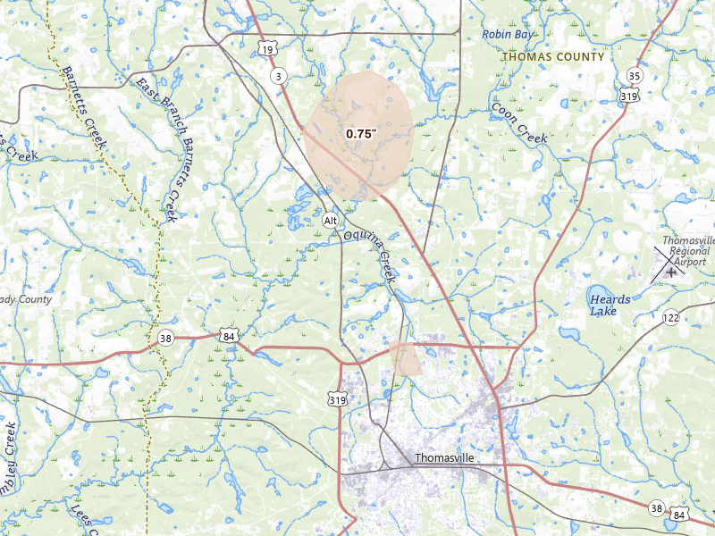 Radar-estimated hail-size map of the storm over Thomasville, GA on Aug 19, 2026