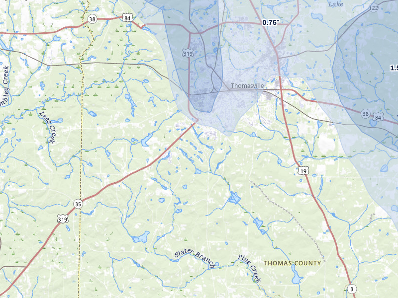 NEXRAD radar-signature map of the hail storm over Thomasville, GA on Aug 19, 2026